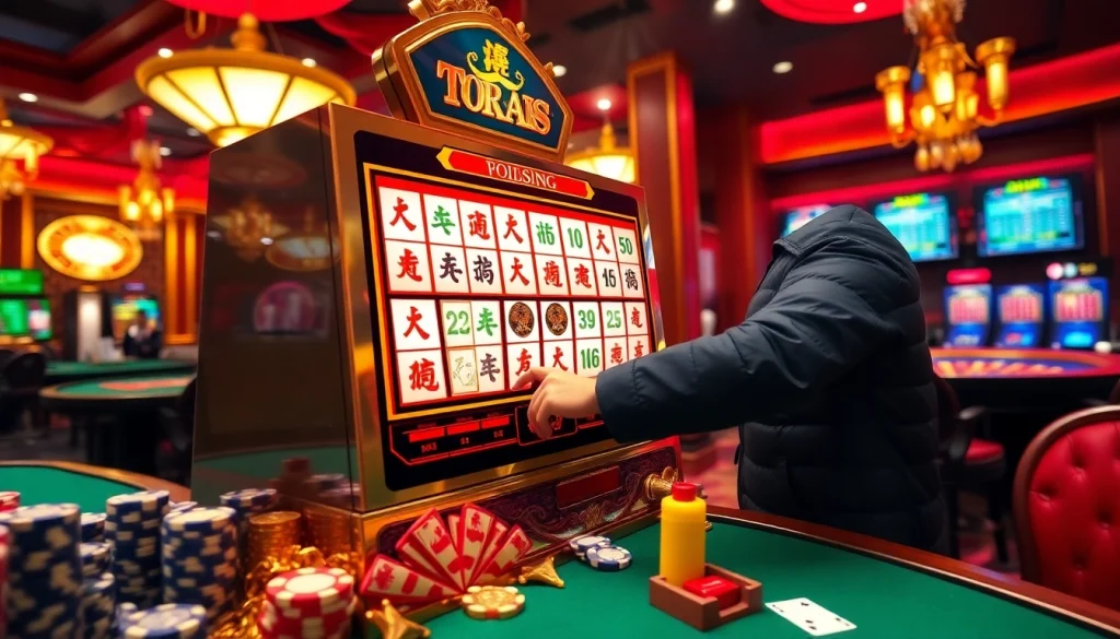 Pemain menikmati mesin slot Mahjong Ways 2 di tengah suasana kasino yang penuh semangat.