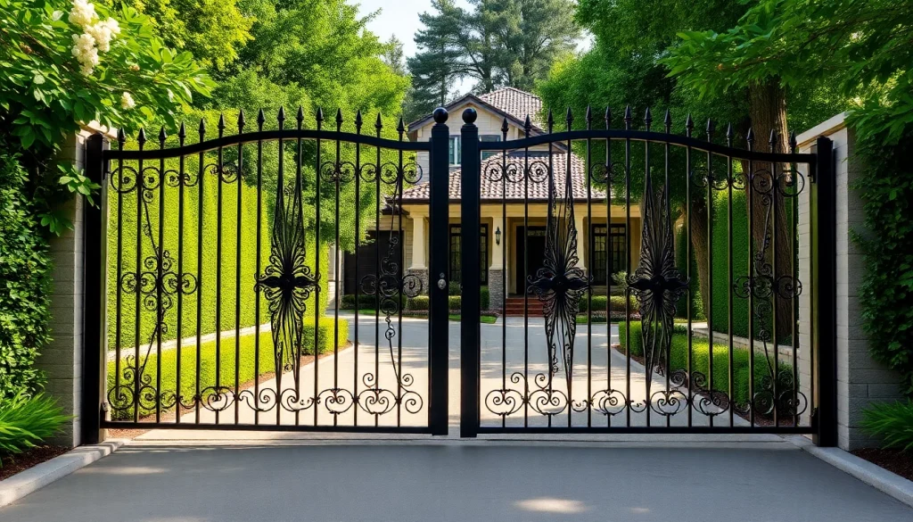 Custom steel gates enhancing a modern home entrance with intricate designs and natural surroundings.