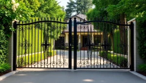 Custom steel gates enhancing a modern home entrance with intricate designs and natural surroundings.