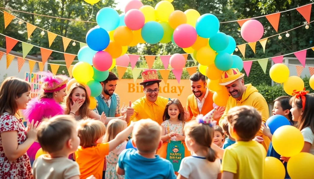 Children enjoying the vibrant activities of birthday party entertainers in a festive garden setting.