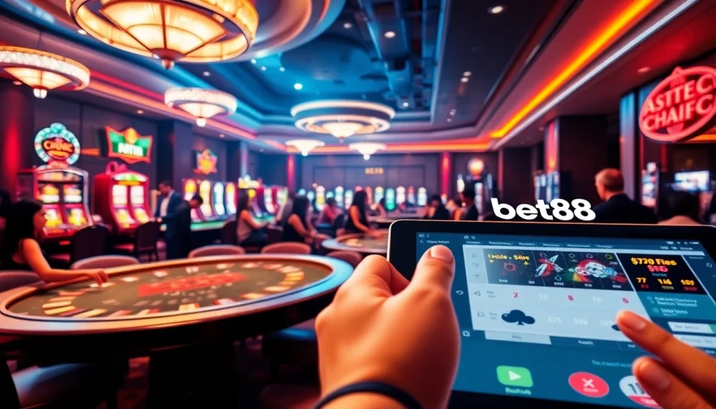 Experience the excitement of Bet88 with players enjoying table games and vibrant slot machines in a luxury casino setting.