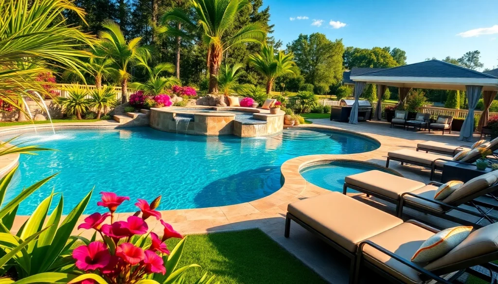 Stunning custom pool designed by a top Custom Pool builder in Culpeper, VA, showcasing waterfall and luxurious landscaping.