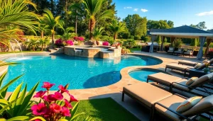 Stunning custom pool designed by a top Custom Pool builder in Culpeper, VA, showcasing waterfall and luxurious landscaping.