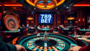 Experience thrilling games at 789 BET with poker tables and roulette wheels in action.
