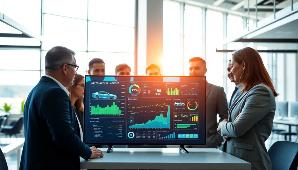 Visualize how AI can speed up car warranty claims with professionals collaborating on tech-driven solutions.