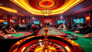 Exciting scene of gambling at link rr88 with players at poker tables and a roulette wheel.