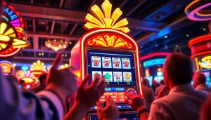 Cabang slot depo 1k dengan pemain merayakan kemenangan di kasino yang cerah.
