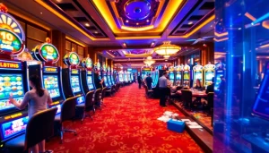 Engage in thrilling slot pulsa games with vibrant machines and enthusiastic players.