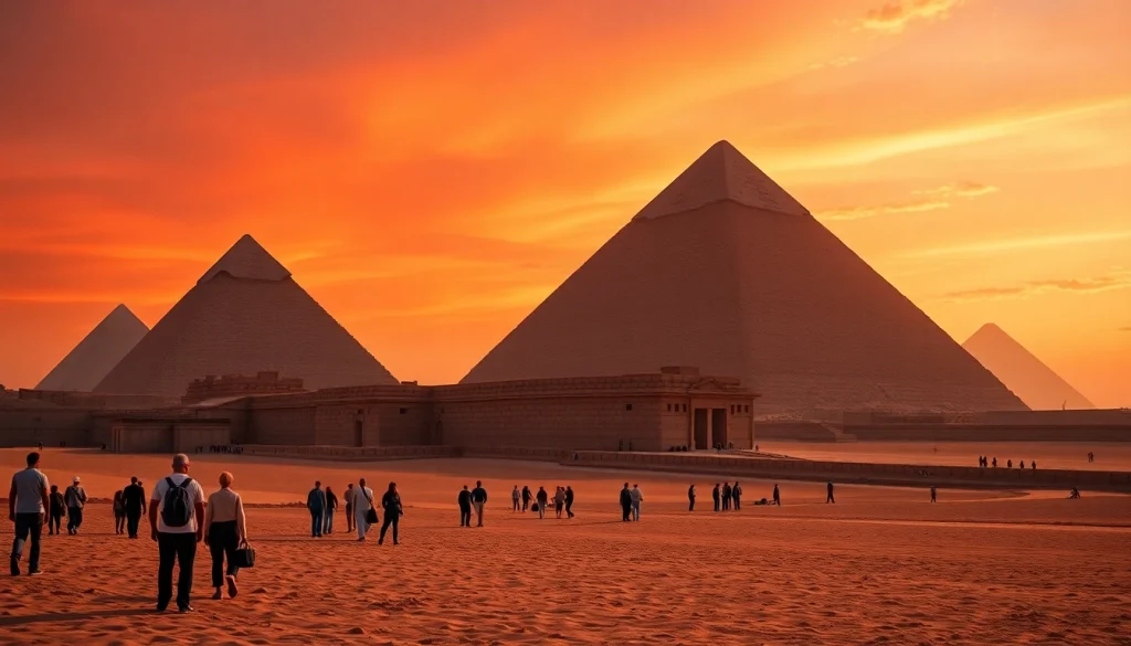 Visiting the iconic piraminds during a vibrant sunset.