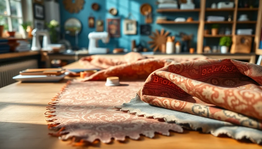 Bekijk Brabantse bont stoffen met unieke patronen in een sfeervolle werkruimte.