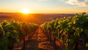 Experience the stunning vineyard landscape in Clarksburg, CA, featuring lush grapevines at sunset.