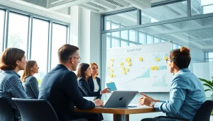 Engaging professionals discussing business growth insights in a collaborative office setting.