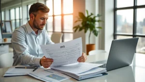 Accountant reviewing IRS documents in an organized office setting with natural light and financial reports.