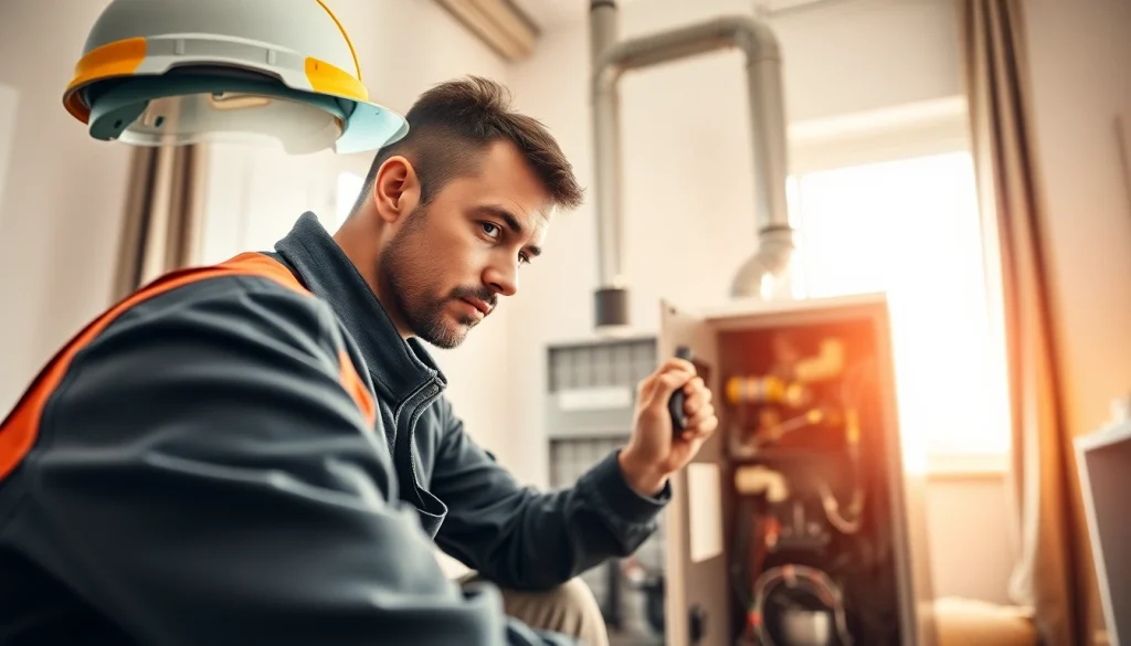 Installing furnace installation ,pawling with expert technician in cozy home environment.