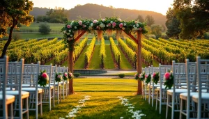 Experience the charm of Clarksburg Wedding Venues with a beautiful outdoor ceremony at sunset.
