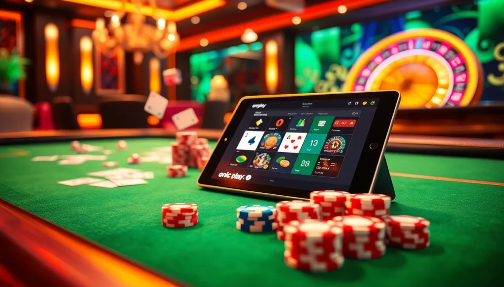 Engage with onicplay at a vibrant casino table featuring colorful poker chips and high-stakes cards.