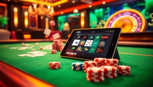 Engage with onicplay at a vibrant casino table featuring colorful poker chips and high-stakes cards.