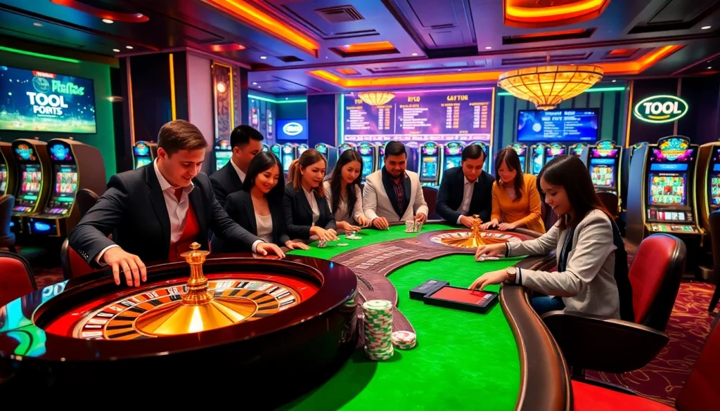 Exciting gaming scene featuring Tool xổ số siêu tốc with players engaging at a casino table.