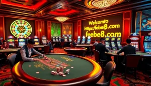 Experience thrilling games at https://febet8.com with vibrant casino visuals featuring poker, roulette, and slot machines.
