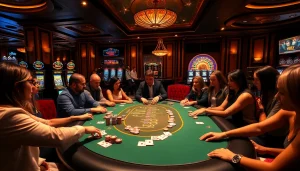Engaging players at a rik vip poker table with vibrant chips and cards.