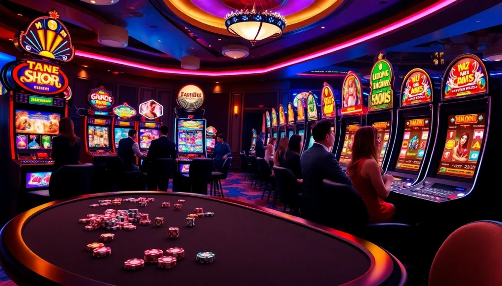 Pemain yang terlibat menikmati mesin slot yang seru di situs slot dalam lingkungan kasino mewah.