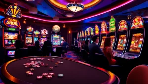 Pemain yang terlibat menikmati mesin slot yang seru di situs slot dalam lingkungan kasino mewah.