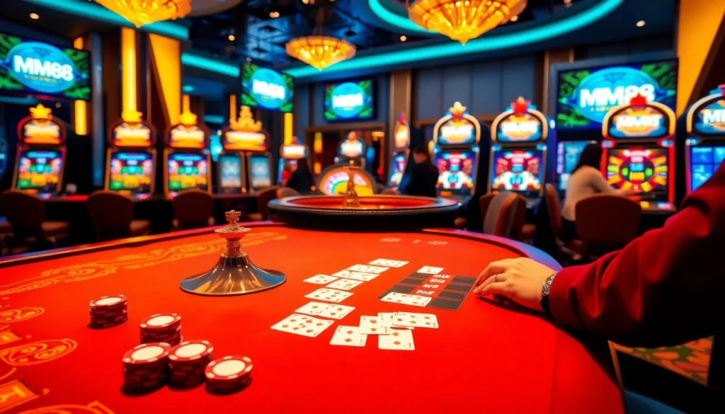 Experience the excitement of MM88 casino with engaging poker tables and a sparkling roulette wheel.