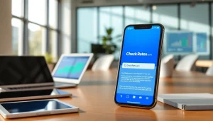 View the vibrant homepage of https://m.check-rates.com on a sleek smartphone in a contemporary office.