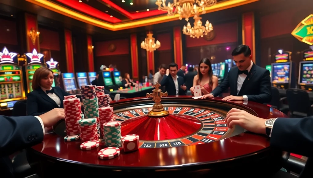 Experience the thrill of kjc rr88 at a luxurious casino with roulette, poker chips, and lively gamblers.