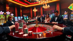 Experience the thrill of kjc rr88 at a luxurious casino with roulette, poker chips, and lively gamblers.