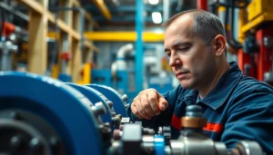 Technician performing on-site hydraulic repair on industrial machinery, showcasing expertise and professional tools.