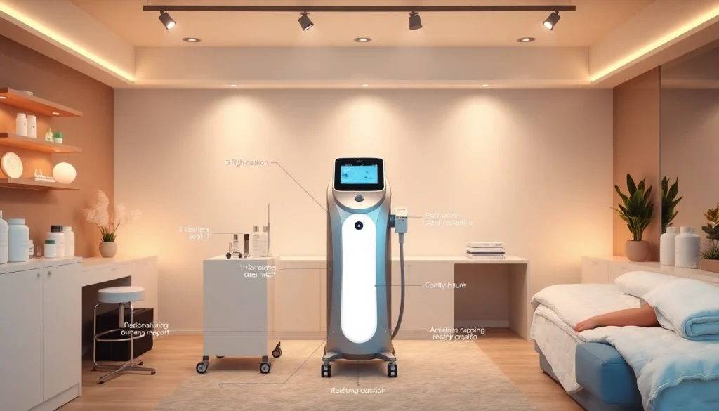 Beauty machine for body fat reduction in a modern salon setting with aesthetic appeal.
