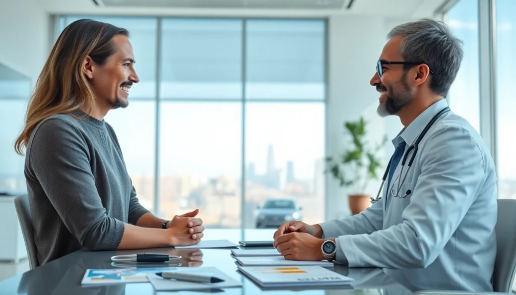 Friendly doctor providing a private gp consultation to a patient in a modern office environment.