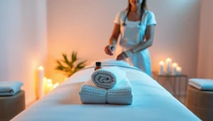 편안한 마사지 경험을 위해 준비하는 전문 치료사를 보여주는 차분한 마사지 장면.