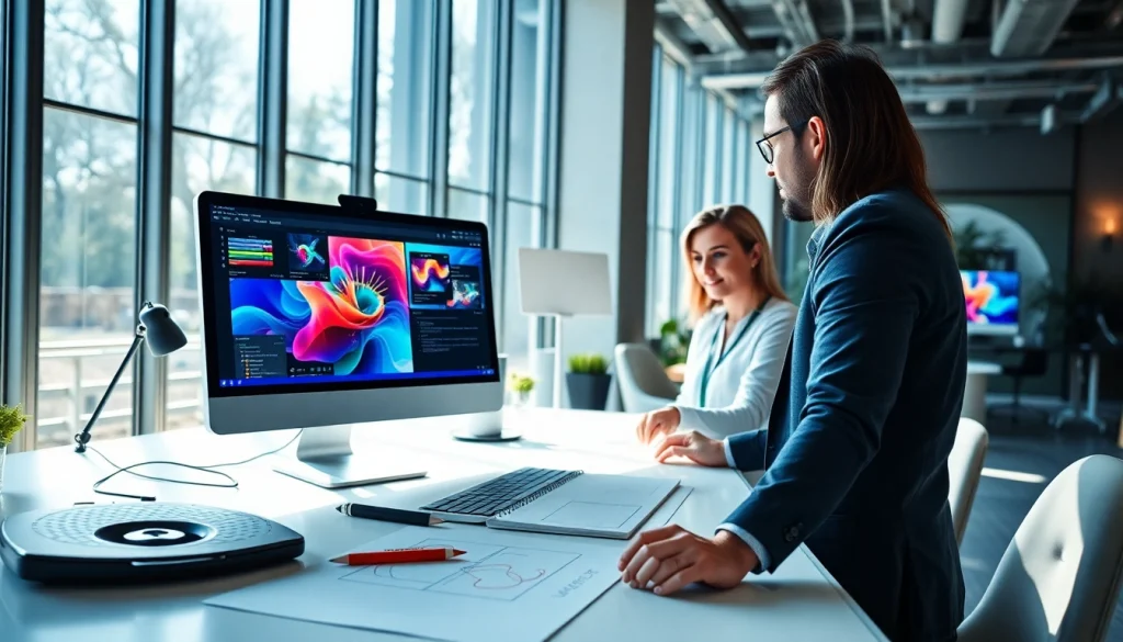 Engaging web design edmonton scene showcasing collaboration between designer and clients in a creative workspace.