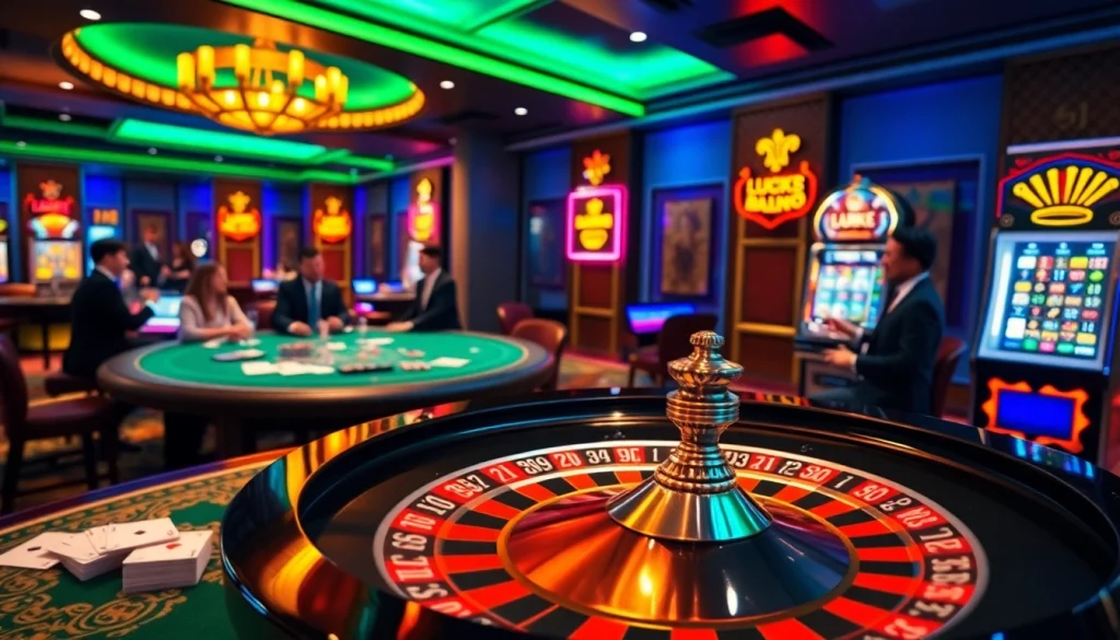 LUCK8 casino atmosphere with roulette, poker tables, and vibrant slot machines.