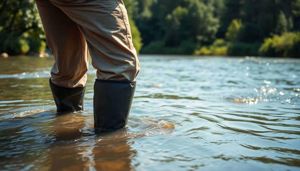 A skilled angler using fly fishing waders while casting a line into a tranquil river.