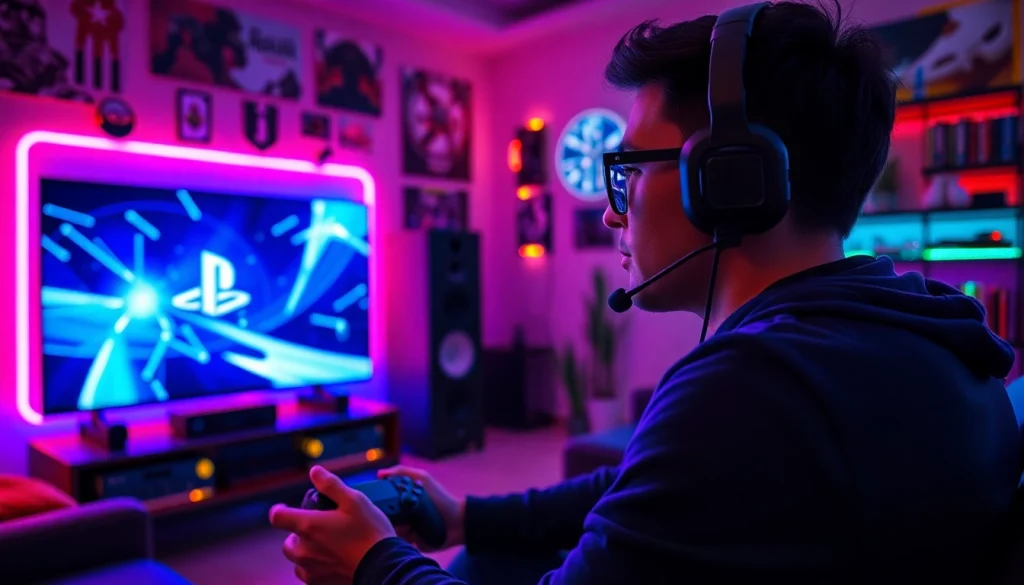 Graj w gry PlayStation w nowoczesnym pokoju gier z dynamicznym oświetleniem.