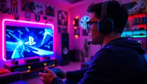 Graj w gry PlayStation w nowoczesnym pokoju gier z dynamicznym oświetleniem.