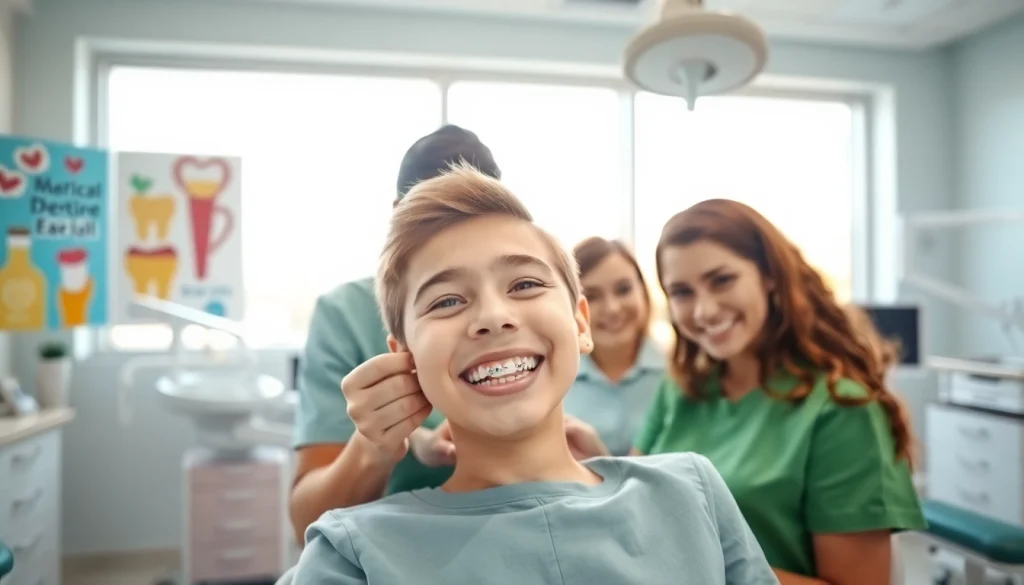 Teen teeth straightening Hawthorn: A teenager smiles as braces are fitted in a bright dental clinic.