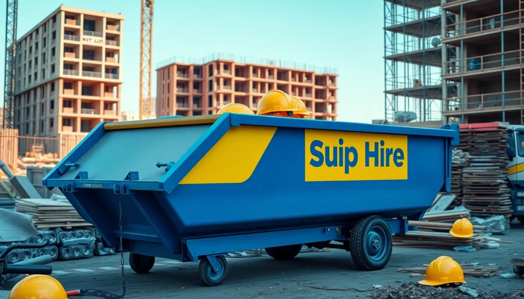 Monster Skips branded skip hire vehicle on a bustling construction site.