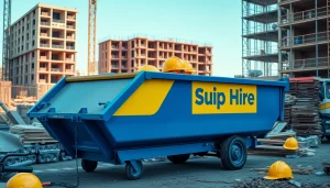 Monster Skips branded skip hire vehicle on a bustling construction site.