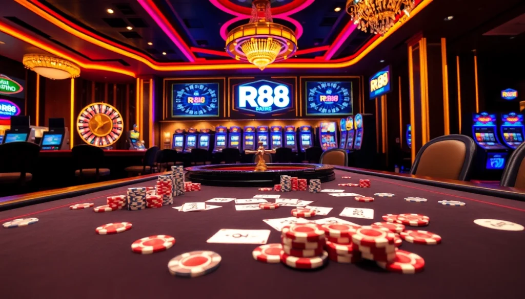RR88 players enjoying exciting casino games at a vibrant gambling table featuring poker chips and cards.