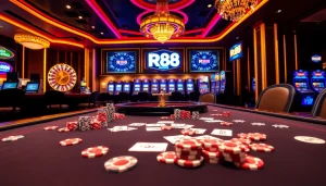 RR88 players enjoying exciting casino games at a vibrant gambling table featuring poker chips and cards.