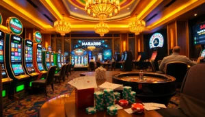 Pemain MABAR88 berinteraksi dengan mesin slot yang berwarna-warni dan roda roulette di kasino online mewah.