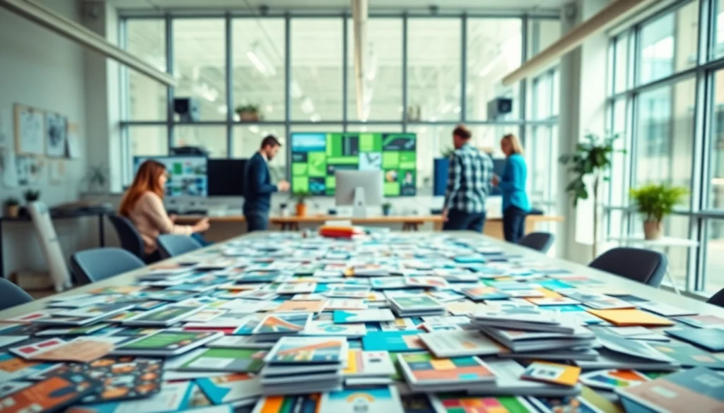 Creative team at a direct mail company brainstorming innovative marketing materials.