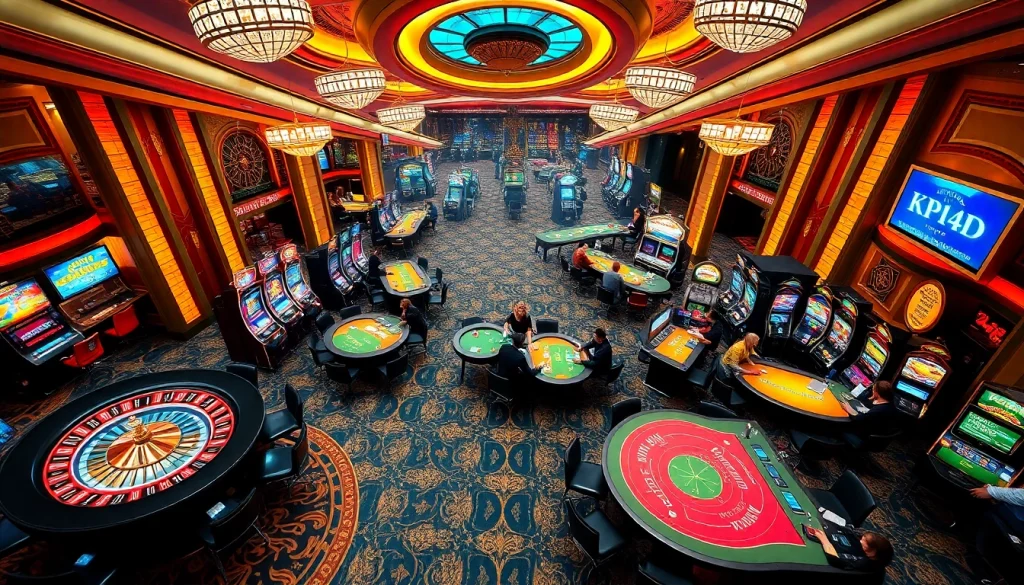 KPI4D players celebrating wins at a luxurious casino with vibrant slot machines and roulette.