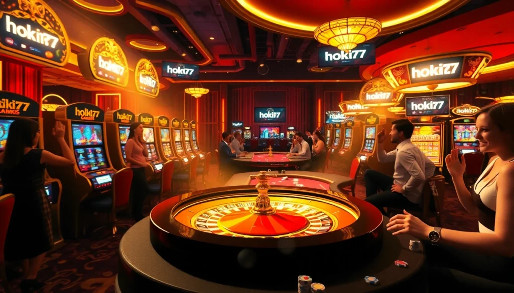 Experience the excitement of hoki77 with players engaging at luxurious casino tables, celebrating wins.