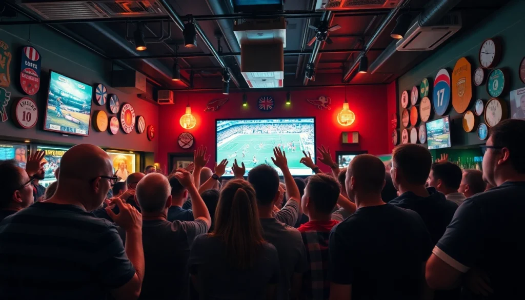 Excited fans engaged in a live sports viewing experience at 토토스토리 sports bar.