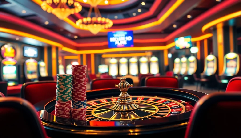 Vivez l'excitation du meilleur casino en ligne avec une élégante table de roulette et une atmosphère de casino vibrante.